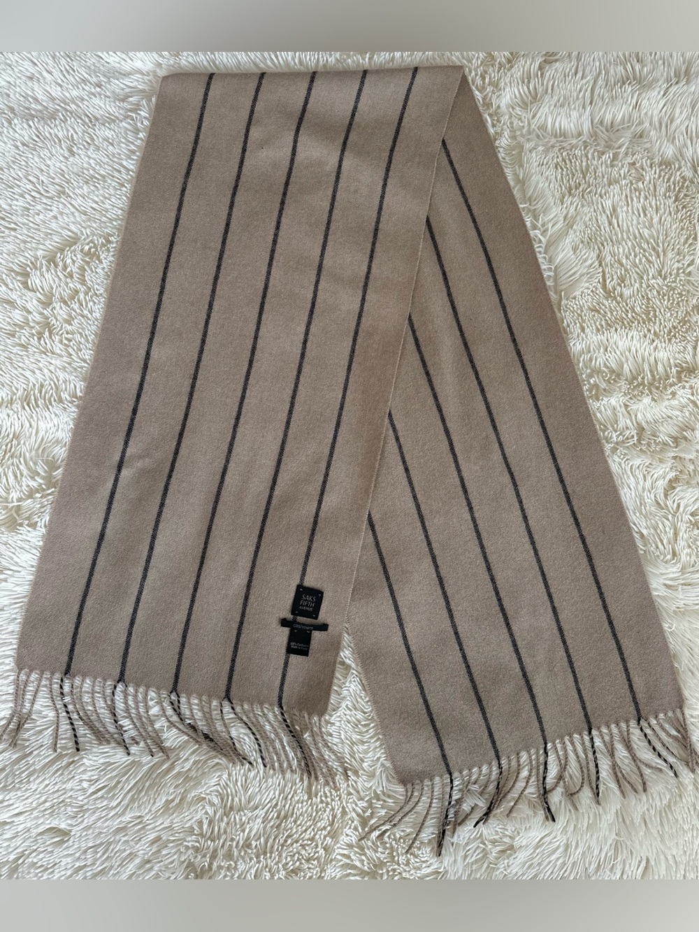 Saks Fifth Avenue Cashmere Tan Vertical Stripe Fringe Scarf - 13” W x 60" L